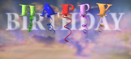 Happy Birthday typography design for greeting cards and poster with balloons. 3D rendering of a group of balloons words happy birthday on a blurred cloud background.の写真素材
