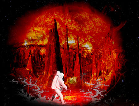 Astronaut stands on alien red planet.の写真素材
