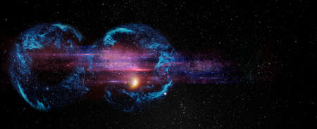 Black hole over star field in outer space, abstract space wallpaper with form of infinity symbol and sparks of light with copy space.の写真素材