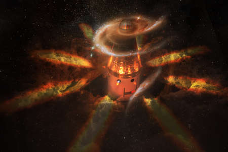 Spaceship launch in a style of cartoon character with flame and clouds of stars around and spiral galaxy at the front of.の写真素材