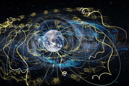 Earth in space enmeshed network line of astrology data flow. Abstract esoteric concept information fields.の写真素材