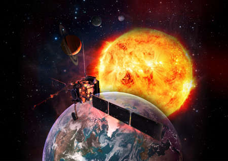 Space travel. Spaceship launch from Earth, mission to the solar system planets. The sun and stars at the background.の写真素材