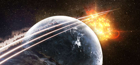 Spaceship in space above the planets in distant solar system.の写真素材