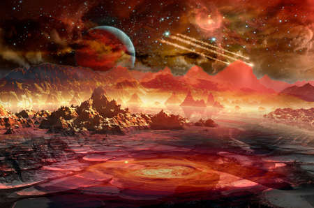 Spaceship in space above the red planet in distant solar system.の写真素材