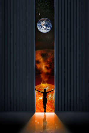 Open door to space. View from inside of the room to the sun and planet Earth. Concept of space exploration and discovery.の写真素材