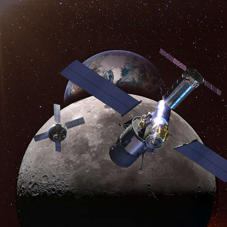 Spaceships in the space above the moon and earth far away in the night on the background.の写真素材