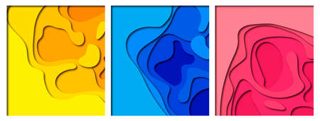 Three banners set with 3D abstract background and paper cut shapes layout for business presentations, flyers, posters and invitations. Colorful carving art with shadows in yellow, blue and pink colorsのイラスト素材