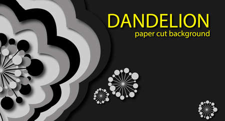 Black and white dandelion flower with seeds paper cut design.の写真素材