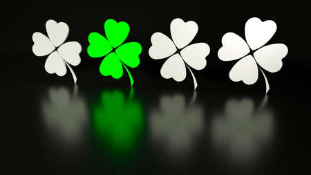 Four traditional Patrick leaf clover, white and green, on black background with reflections. 3d render illustration.の写真素材