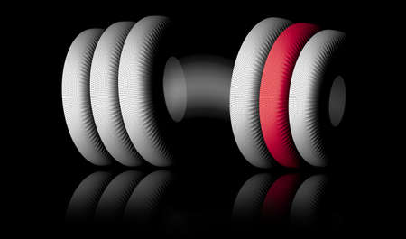 Dumbbells 3d rendering illustration of a curved shape with one red disc isolated on black background. Gym, fitness and sports equipment symbol.の写真素材