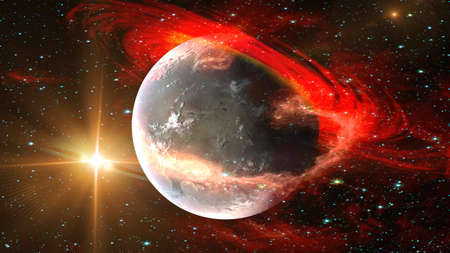 Sunrise view of alien planet from space with red gas planetary ring and stars galaxy background.