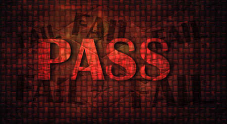 Bold convex "PASS" stands triumphantly atop dark medieval wall and brilliantly backlit in red and benese smaller, contrasting dark "FAIL" s. 3d render abstract illustration.の写真素材