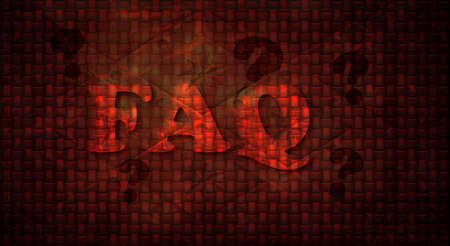 Bold convex imposing "FAQ" stands triumphantly atop dark medieval wall and brilliantly backlit in red and benese smaller, contrasting dark question marks. 3d render abstract illustration.の写真素材