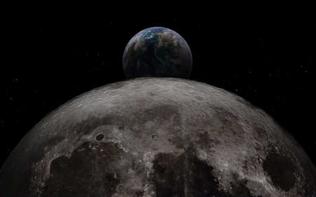 Earth rises above moon surface with huge meteor craters.の写真素材