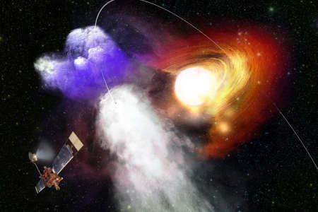 Spaceship explores a distant universe. Collage.の写真素材