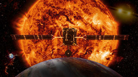 Exploration of the universe: spaceship lands on a Jupiter and planet earth is visible in the distance.の写真素材