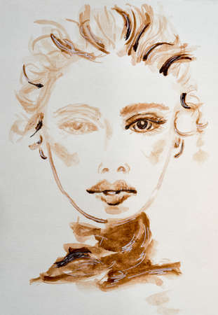 Woman abstract hand drawn watercolor portrait.の写真素材