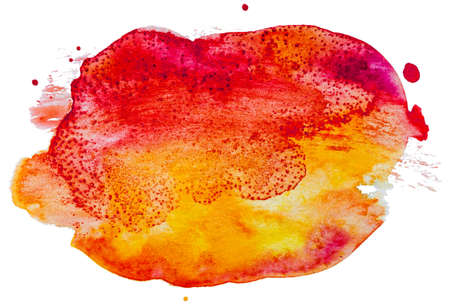 Textured red, orange and yellow watercolor paint brush stroke spot frame, hand drawn illustration isolated on white backgroundの写真素材