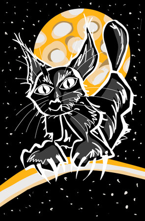 Hand drawn black cat at night isolated on black background eps10 vector illustration.のイラスト素材