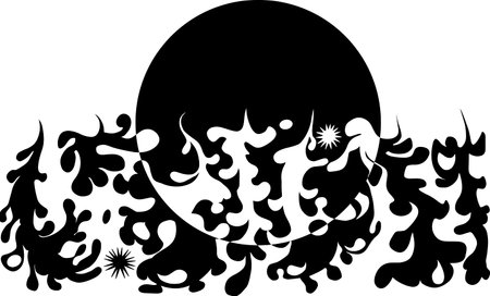 Day and night drawing of the sun and clouds and rays of the sun with stars in black and white graphical form curves. Copy space for your text design. Eps10 vector illustraion.のイラスト素材