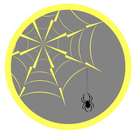 Spider hanging on spider web and sun, silhouette icon  vector illustration.のイラスト素材