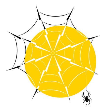 Spider web with hanging spider in the backlight of the sun, silhouette icon  vector illustration.のイラスト素材