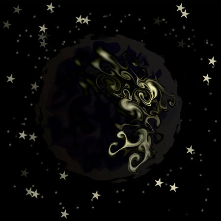 Dark alien planet between stars, stylized layered vector illustration isolated on black background.のイラスト素材