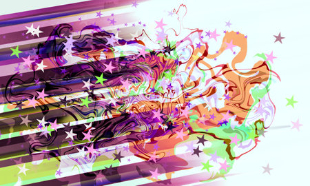 Abstract multicolor bright curves, diagonal lines and stars holiday festive background isolated on while at one sideの写真素材