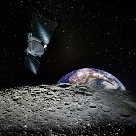 Earth rises above lunar horizon and spaceship.の写真素材