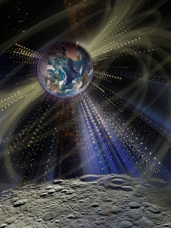 Futuristic shining light around the planet Earth from the surface of the Moon. Sci fi collageの写真素材