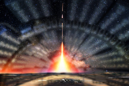 Missile launch at night. Glow of the sky with a technological halo around the flight.の写真素材