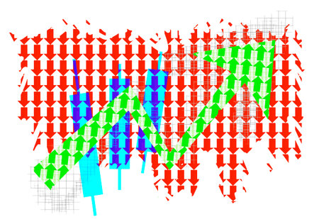 Arrows, bars, graph of economic growth against the background of falling stock indices in the abstract country map. Modern eps10 vector illustration template isolated on white background.のイラスト素材