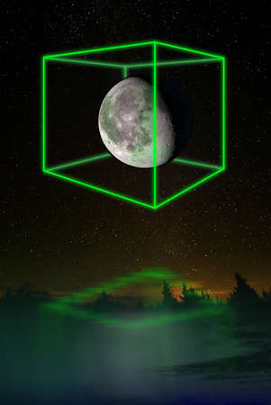 Futuristic light cube around the moon, night additional lighting in the form of neon light. The concept of a technological futureの写真素材