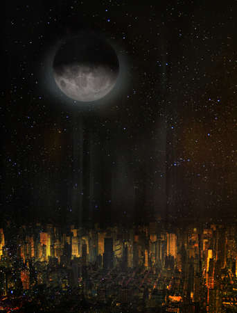 Moon over the city.の写真素材