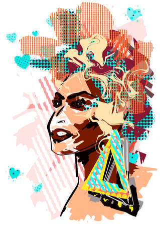 Abstract pop art woman portrait wirh bright multicolor patterns layered eps10 vector illustration isolated on white background.のイラスト素材