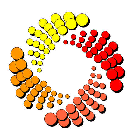 Spiral of dots in yellow orange and red four shades with shadows. Abstract dotted eps10 vector background icon isolated on white.のイラスト素材