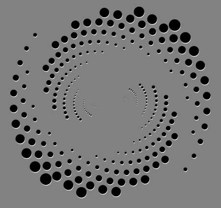 Black halftone dots in vortex form. Geometric art. Trendy design element for frame, logo, sign, symbol, web, prints, posters, template, pattern and abstract background with shadow effect papercut.のイラスト素材