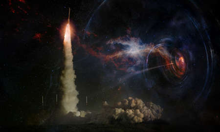 Spaceship launch to distant worlds and stars, exploration and space travel concept.の写真素材