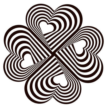 Design four hearts swirl rotation illusion background. Abstract striped distortion twisted backdrop. Vector-art illustrationのイラスト素材