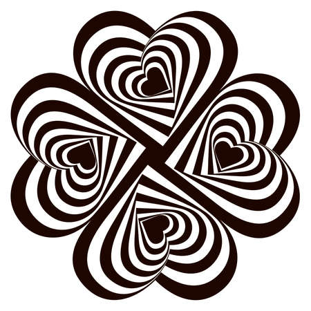 Design four striped hearts swirl rotation illusion background. Abstract striped distortion twisted backdrop. Vector-art illustrationのイラスト素材