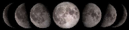 Halftone vector tiles phases of the Moon waxing crescent, first quarter, waxing gibbous, full moon, waning gibbous, third quarter, waning crescent, new moon.のイラスト素材