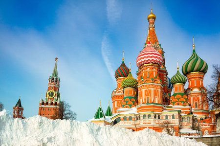 Snow pile near St. Basil's Cathedral, winter, Moscow, Russia.の写真素材