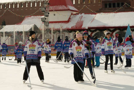 Moscow, Russia - February 20, 2022: World ice hockey champion Alexei Yashin conducts master classes at the GUM-Skating rink at the Red Square for everyone. Free public event.のeditorial素材