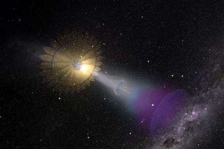 Alien UFO umbrella shape in outer space lighten the univerce searching life, shi-fi collage.の写真素材
