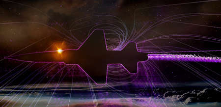 Silhouette of an airplane in the neon light of the curves flies on a black background of the sky with stars.の写真素材