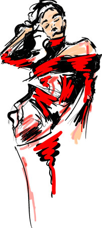 Sketch portrait of a young girl with closed eyes in a red dress.のイラスト素材