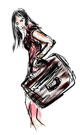 Sketch portrait of a young girl with suitcaseのイラスト素材