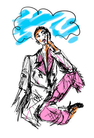 Sketch hand drawn portrait of a burnout at work woman looking up dreaming about vacation with speech bubbleのイラスト素材