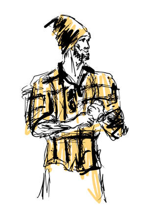 Abstract man in hat hand drawn sketchのイラスト素材