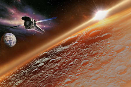 The lunar surface illuminated by the yellow dawn sun rays and spaceship flying from planet Earth towards the moon.の写真素材